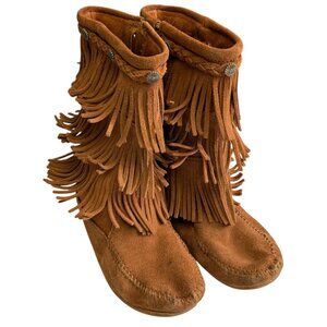 Minnetonka Suede Moccasins 3 Layer Fringe Mid Calf Boots Women's 4 Brown Boho